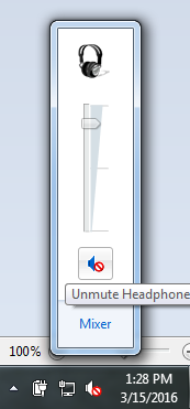 Speakers with a good volume setting but with all sound muted (note the red disabled symbol).